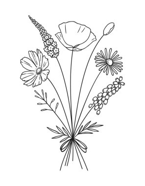 Vahşi çiçek serisi sanat buketi. El çizimi çiçekler, çayır otları, yabani bitkiler ve tasarım projeleri için botanik elementler. Vektör illüstrasyonu