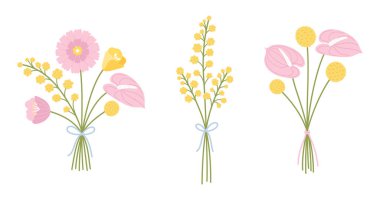 Yaban çiçeği buketleri seti. Nazik çiçek buketleri, vektör illüstrasyonu. Kurdelelerle bağlanmış çiçekler. Tasarım projeleri için çayır otları ve yabani bitkiler