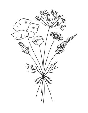 Vahşi çiçek serisi sanat buketi. El çizimi çiçekler, çayır otları, yabani bitkiler ve tasarım projeleri için botanik elementler. Vektör illüstrasyonu