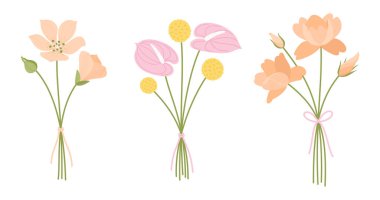Yaban çiçeği buketleri seti. Nazik çiçek buketleri, vektör illüstrasyonu. Kurdelelerle bağlanmış çiçekler. Tasarım projeleri için çayır otları ve yabani bitkiler