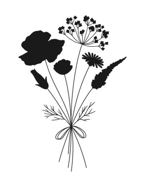 Yaban çiçeği siyah siluet buketi. El çizimi çiçekler, çayır otları, yabani bitkiler ve tasarım projeleri için botanik elementler. Vektör illüstrasyonu