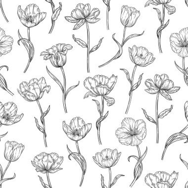 Çiçeksiz desenli, çevresi laleli. Yapraklı güzel, şık çiçekler. Antika dekoratif duvar kağıdı, moda tasarımı için şablon. Beyaz arkaplanda botanik baskısı, vektör illüstrasyonu