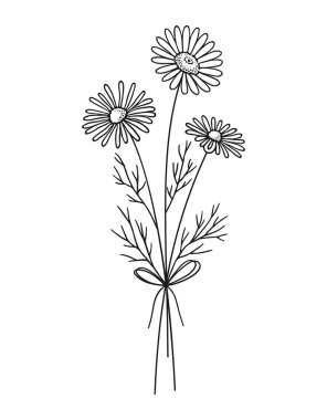 Beyaz arka planda yaban çiçeği siyah çizgili sanat buketi. El çizimi çiçekler, çayır otları, yabani bitkiler ve tasarım projeleri için botanik elementler. Vektör illüstrasyonu