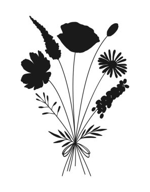 Beyaz arka planda yaban çiçeği siyah siluet buketi. El çizimi çiçekler, çayır otları, yabani bitkiler ve tasarım projeleri için botanik elementler. Vektör illüstrasyonu