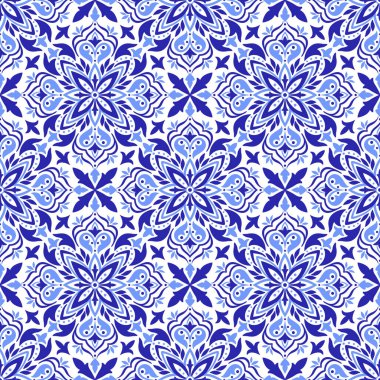 Akdeniz mavisi ve beyazı pürüzsüz desen. Etnik mozaik tasarımı, geleneksel Portekizce, Fas ya da İspanyol motifleri. Tekstil veya seramik fayanslar için çiçek ve geometrik süsler. Vektör illüstrasyonu