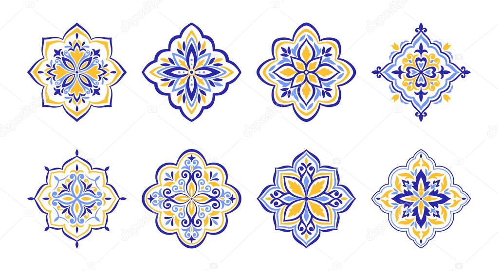 Mediterranean blue yellow pattern set. Floral ethnic motifs for tile design. Spanish, Portuguese, or Moroccan traditional ornaments. Vector illustration.