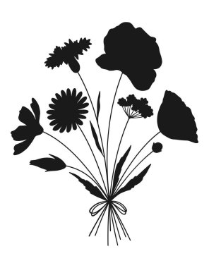 Yaban çiçeği siyah siluet buketi. El çizimi çiçekler, çayır otları, yabani bitkiler ve tasarım projeleri için botanik elementler. Vektör illüstrasyonu