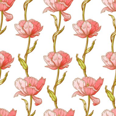 Laleli, çiçeksiz desen. Yaprakları olan güzel, zarif çiçekler. Bahar ya da yaz retro duvar kâğıdı, moda tasarımı için şablon. Beyaz arkaplanda botanik baskısı, vektör illüstrasyonu