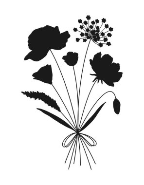 Yaban çiçeği siyah siluet buketi. El çizimi çiçekler, çayır otları, yabani bitkiler ve tasarım projeleri için botanik elementler. Vektör illüstrasyonu