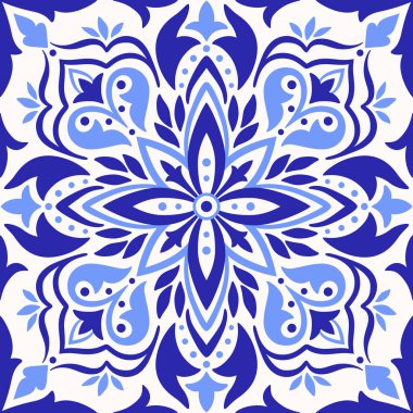 Akdeniz mozaik fayansı, mavi pürüzsüz desen. İspanyolca, Portekizce, Fas, Meksika geleneksel süsü. Seramik için etnik motifleri olan çiçek tasarımı. Vektör illüstrasyonu