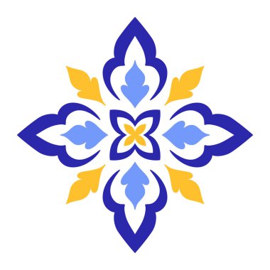 Beyaz arka planda Akdeniz mavisi ve sarı motifi. Geleneksel etnik Portekiz, Fas, İspanyol süsü, mozaik tasarımı. Vektör illüstrasyonu