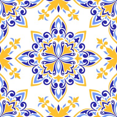 Akdeniz mavisi ve sarı pürüzsüz desen. Etnik mozaik tasarımı. Portekizce, İtalyanca, İspanyolca motifler. Çiçek süsü, ev yapımı tekstil ya da seramik fayans için grafik baskısı. Vektör illüstrasyonu