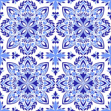 Akdeniz desenli, mavi kiremitli, beyaz arkaplan. Soyut mozaik tasarımı. Portekizce, İtalyanca, İspanyolca motifler. Çiçek süsü, ev yapımı tekstil ya da seramik için baskı. Vektör illüstrasyonu
