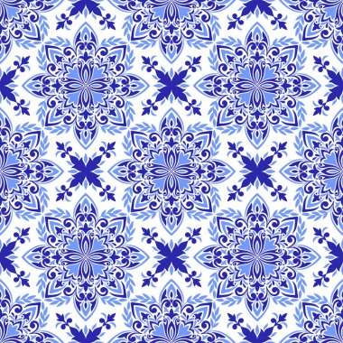 Akdeniz mavisi ve beyazı pürüzsüz desen. Etnik mozaik tasarımı. Portekizce, İtalyanca, İspanyolca motifler. Çiçek süsü, ev yapımı tekstil ya da seramik fayans için grafik baskısı. Vektör illüstrasyonu