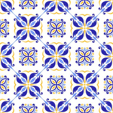 Akdeniz pürüzsüz mavi sarı karo deseni. Portekizce, İtalyanca ve İspanyolca motiflerin etnik mozaik tasarımı. Çiçek süsü, vektör illüstrasyonu