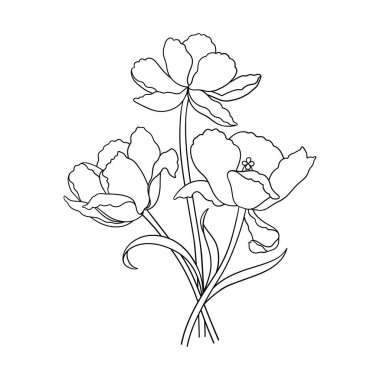 Çiçekli lale buketi, ince çizgili sanat tarzı. Güzel siyah çiçekler, zarif bir görünüm. Paskalya, Anneler Günü, Kanada Lale Festivali için taslak çizimi. Vektör illüstrasyonu