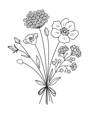 Vahşi çiçek serisi sanat buketi. El çizimi çiçekler, çayır otları, yabani bitkiler ve tasarım projeleri için botanik elementler. Vektör illüstrasyonu