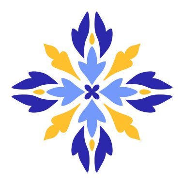 Beyaz arka planda Akdeniz mavisi ve sarı motifi. Geleneksel etnik Portekiz, Fas, İspanyol süsü, mozaik tasarımı. Vektör illüstrasyonu