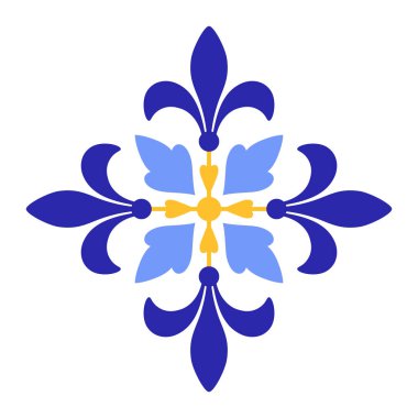 Beyaz arka planda Akdeniz mavisi sarı çiçek motifi. Etnik geleneksel tasarım. Portekizce, Fas dili, İspanyol aksesuarı. Vektör illüstrasyonu