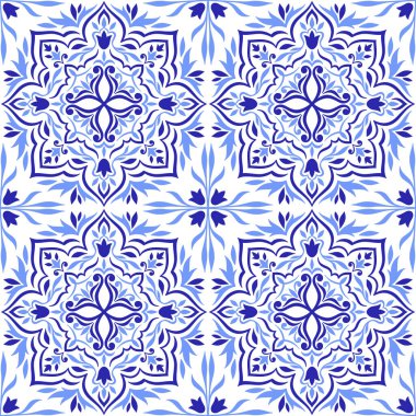 Akdeniz desenli, mavi kiremitli, beyaz arkaplan. Soyut mozaik tasarımı. Portekizce, İtalyanca, İspanyolca motifler. Çiçek süsü, ev yapımı tekstil ya da seramik için baskı. Vektör illüstrasyonu