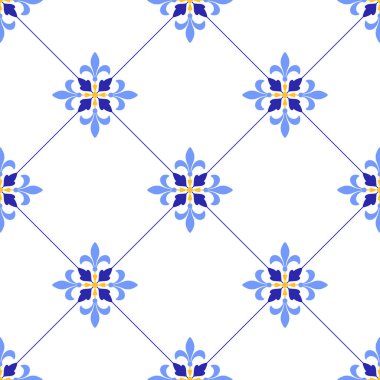 Akdeniz çiçek desenli mavi sarı fayanslar. Portekizce, İtalyanca, İspanyolca dekoratif motiflerin etnik mozaik tasarımı. Ev yapımı tekstil ya da seramik için süs. Vektör illüstrasyonu