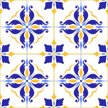 Akdeniz soyut, pürüzsüz mavi sarı karo deseni. Portekizce, İtalyanca ve İspanyolca motiflerin etnik mozaik tasarımı. Ev yapımı tekstil ya da seramik için süs. Vektör illüstrasyonu