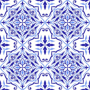 Akdeniz desenli, mavi kiremitli, beyaz arkaplan. Soyut mozaik tasarımı. Portekizce, İtalyanca, İspanyolca motifler. Çiçek süsü, ev yapımı tekstil ya da seramik için baskı. Vektör illüstrasyonu