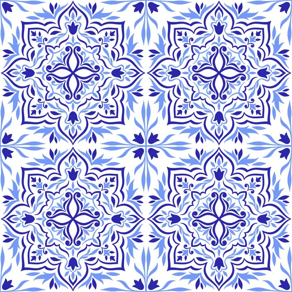 Akdeniz desenli, mavi kiremitli, beyaz arkaplan. Soyut mozaik tasarımı. Portekizce, İtalyanca, İspanyolca motifler. Çiçek süsü, ev yapımı tekstil ya da seramik için baskı. Vektör illüstrasyonu