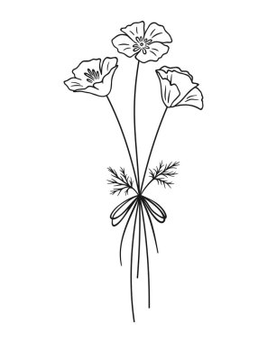 Yaban çiçeği desenli sanat buketi, kontür. El çizimi çiçekler, çayır otları, yabani bitkiler ve tasarım projeleri için botanik elementler. Vektör illüstrasyonu