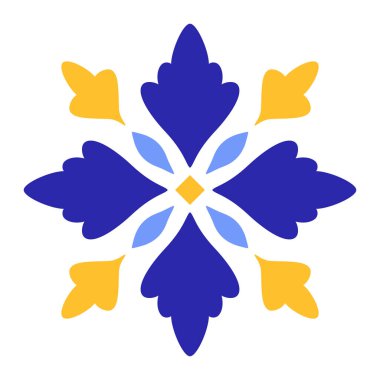 Beyaz arka planda Akdeniz mavisi sarı çiçek motifi. Seramik fayanslar için etnik mozaik tasarımı. Portekizce, Fas dili, İspanyol aksesuarı. Vektör illüstrasyonu