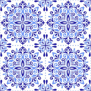 Akdeniz desenli, mavi kiremitli, beyaz arkaplan. Soyut mozaik tasarımı. Portekizce, İtalyanca, İspanyolca motifler. Çiçek süsü, ev yapımı tekstil ya da seramik için baskı. Vektör illüstrasyonu