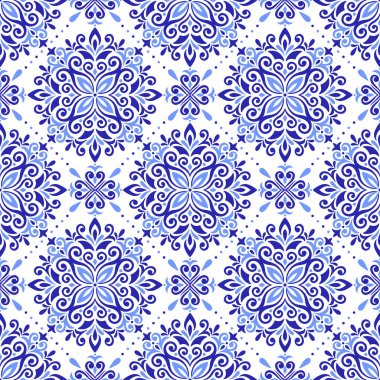 Akdeniz mavisi, beyaz, pürüzsüz desen. Etnik mozaik tasarımı, geleneksel Portekizce, İtalyanca, İspanyolca motifler. Ev yapımı tekstil ya da seramik fayans için çiçek süsü. Vektör illüstrasyonu