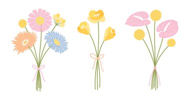 Üç buket kır çiçeği. Çiçek demeti. Kurdeleli çiçekler, vektör illüstrasyonlu. Çayır otları ve tasarım projeleri için yabani bitkiler.