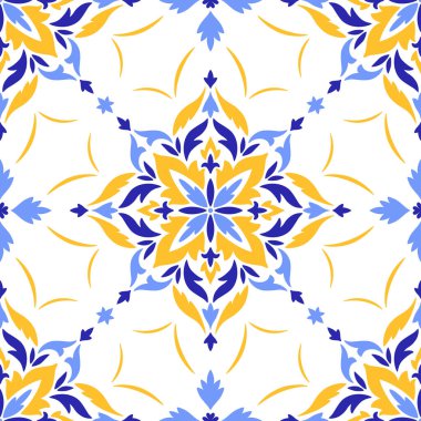 Akdeniz desensiz mavi sarı fayanslar, beyaz arka plan. Etnik mozaik tasarımı. Portekizce, İtalyanca, İspanyolca motifler. Ev yapımı tekstil veya seramik için çiçek süsü. Vektör illüstrasyonu