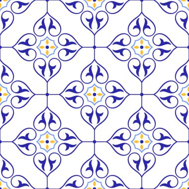Akdeniz soyut, pürüzsüz mavi sarı karo deseni. Portekizce, İtalyanca ve İspanyolca motiflerin etnik mozaik tasarımı. Ev yapımı tekstil ya da seramik için süs. Vektör illüstrasyonu
