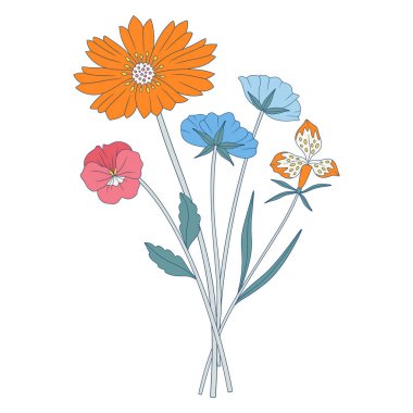 Parlak kır çiçekleri. Bir demet çayırlık çiçek, homolar ve kozmoslar, yabani bitkiler, otlar. Tasarım projeleri için botanik el yapımı elementler. Vektör illüstrasyonu