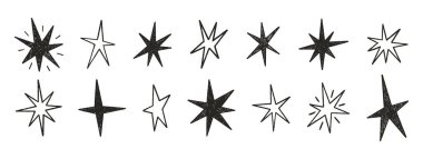 Yıldızlar ayarlandı, pastel boya ikonları çizildi. Parlak, kıvılcım veya hafif tebeşir elementleri. Çizgi çizimi ve siluetler ışıldayan simgeler. Kara parıltılı kıvılcımlar. Vektör illüstrasyonu