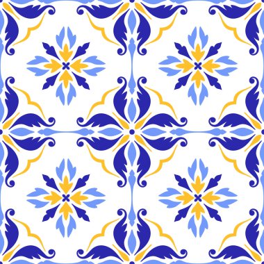 Akdeniz pürüzsüz deseni, mavi sarı kiremitler ve beyaz arka plan. Mozaik tasarım, Portekizce, İtalyan motifleri. Çiçek süsü, ev yapımı tekstil ya da seramik için baskı. Vektör illüstrasyonu