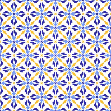 Akdeniz desenli, pürüzsüz mavi sarı fayanslar. Portekizce, İtalyanca ve İspanyolca motiflerin etnik mozaik tasarımı. Ev yapımı tekstil ya da seramik için süs. Vektör illüstrasyonu