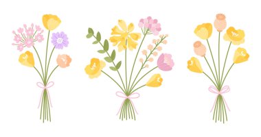 Yaban çiçeği buketleri seti. Haşhaş, çayır otları ve yabani bitkilerle dolu yumuşak buketler. Kurdelelerle bağlanmış çiçekler. Tasarım projeleri için vektör çiçek çizimi