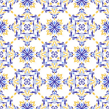 Akdeniz pürüzsüz deseni, mavi sarı kiremitler ve beyaz arka plan. Mozaik tasarım, Portekizce, İtalyan motifleri. Çiçek süsü, ev yapımı tekstil ya da seramik için baskı. Vektör illüstrasyonu