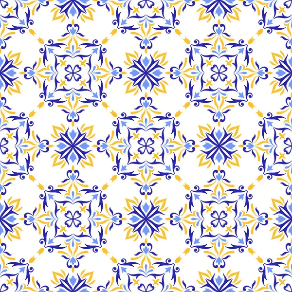 Akdeniz pürüzsüz deseni, mavi sarı kiremitler ve beyaz arka plan. Mozaik tasarım, Portekizce, İtalyan motifleri. Çiçek süsü, ev yapımı tekstil ya da seramik için baskı. Vektör illüstrasyonu