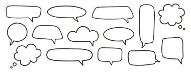 Konuşma baloncukları boya kalemi seti. Tebeşir grunge desenli konuşma düşünce kutuları. El çizimi tarz sohbet çerçeveleri. Diyalog balonu bulutları. Kalem çizimleri, siyah arkaplanda beyaz elementler. Vektör illüstrasyonu