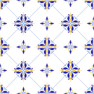 Akdeniz desensiz mavi sarı kiremitler, minimalist tarzda. Portekizce, İtalyanca ve İspanyolca motiflerin etnik mozaik tasarımı. Ev yapımı tekstil veya seramik için çiçek süsü. Vektör illüstrasyonu