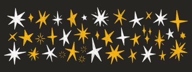Yıldızlar büyük, pastel boyalar çizilmiş. Sihirli altın ve beyaz ikonlar, siluet. Siyah arkaplanda parlak, kıvılcım, hafif tebeşir elementleri. Skeç ışıltısı. Parıltılı karalama kıvılcımları. Vektör illüstrasyonu