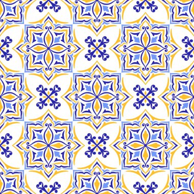 Akdeniz pürüzsüz deseni, mavi sarı kiremitler ve beyaz arka plan. Mozaik tasarım, Portekizce, İtalyan motifleri. Çiçek süsü, ev yapımı tekstil ya da seramik için baskı. Vektör illüstrasyonu