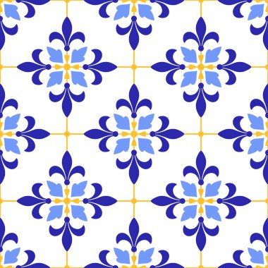 Akdeniz soyut, pürüzsüz mavi sarı karo deseni. Portekizce, İtalyanca ve İspanyolca motiflerin etnik mozaik tasarımı. Ev yapımı tekstil ya da seramik için süs. Vektör illüstrasyonu