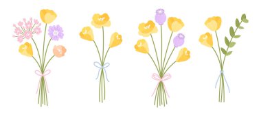 Yaban çiçeği buketleri seti. Gelincikli çiçek buketleri. Kurdelelerle bağlanmış çiçekler, vektör illüstrasyonu. Tasarım projeleri için çayır otları ve yabani bitkiler