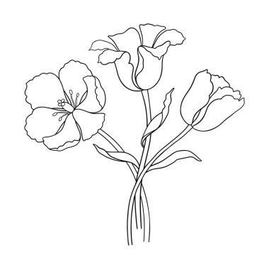Çiçekli lale buketi, çizgi sanatı. Güzel, minimal siyah çiçekler, zarif bir görünüm. Paskalya, Anneler Günü, Kanada Lale Festivali için çizim elementleri. Vektör illüstrasyonu