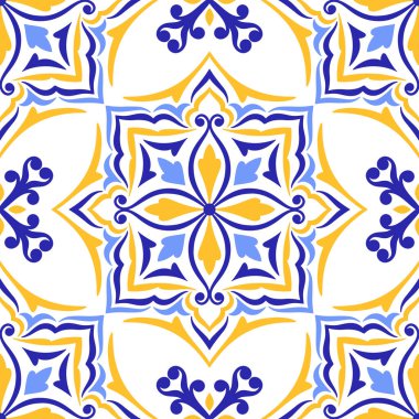 Akdeniz desensiz mavi sarı fayanslar, beyaz arka plan. Etnik mozaik tasarımı. Portekizce, İtalyanca, İspanyolca motifler. Ev yapımı tekstil veya seramik için çiçek süsü. Vektör illüstrasyonu